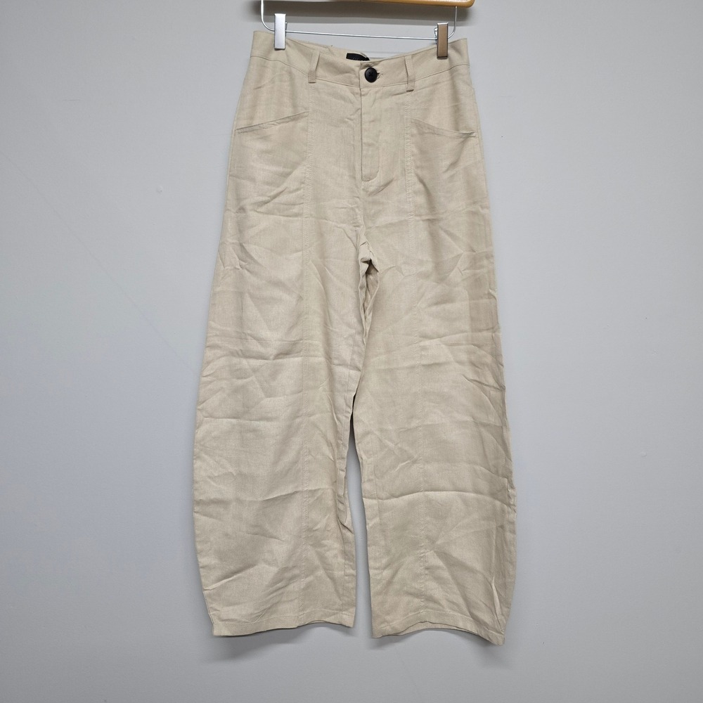 Zara High Waisted Wide Barrel Leg Pants Womens XS Beige Linen Blend Coastal